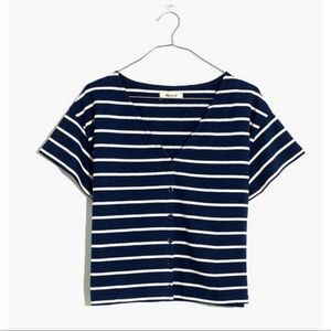 Madewell Shirt Womens XL Crop Boxy Tee Blue Stripe Button Down V Neck